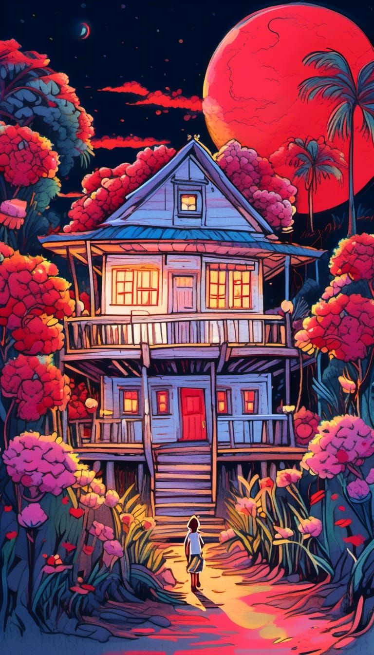 Tropical Island House Under Red Moon: Digital Art