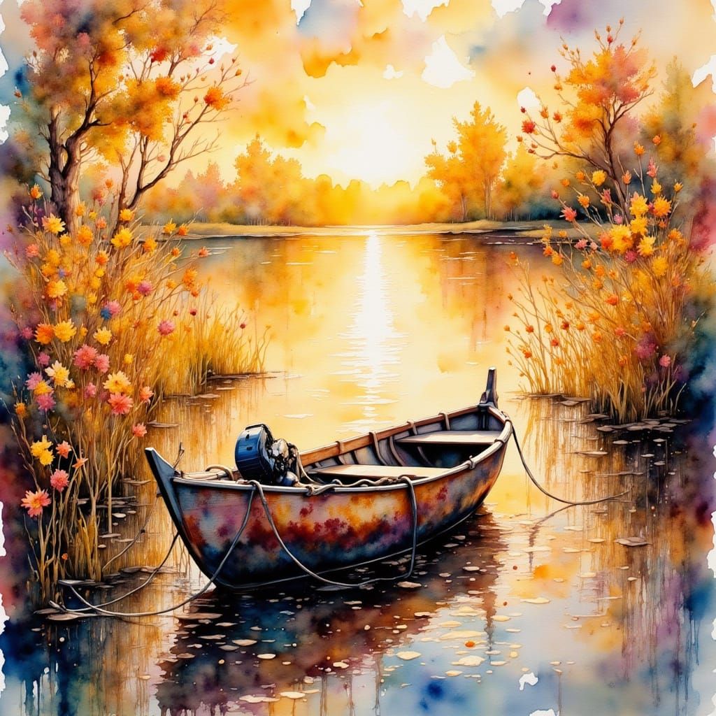 Peaceful Sunset on the Water, in Watercolor Style