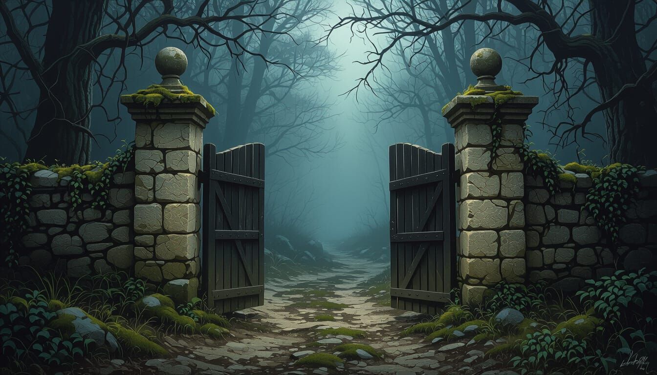 Old Stone Gate in Dark Forest, Romanticism Style