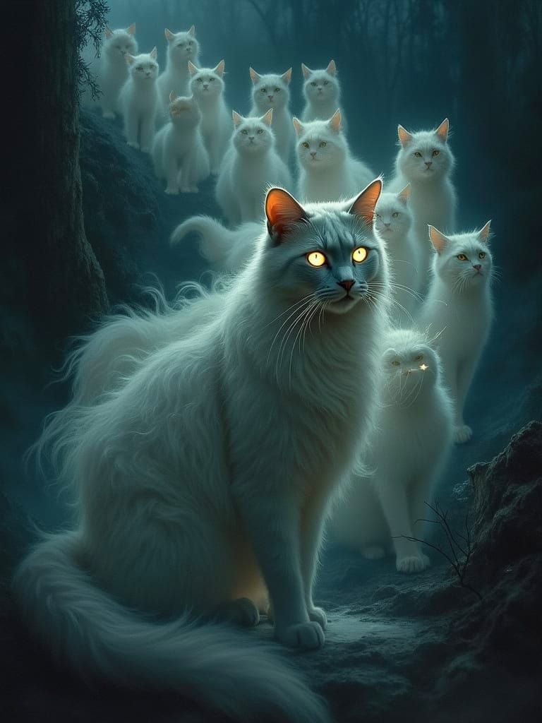 Ethereal Felines Gather Around Regal Cat in Dreamlike Scene