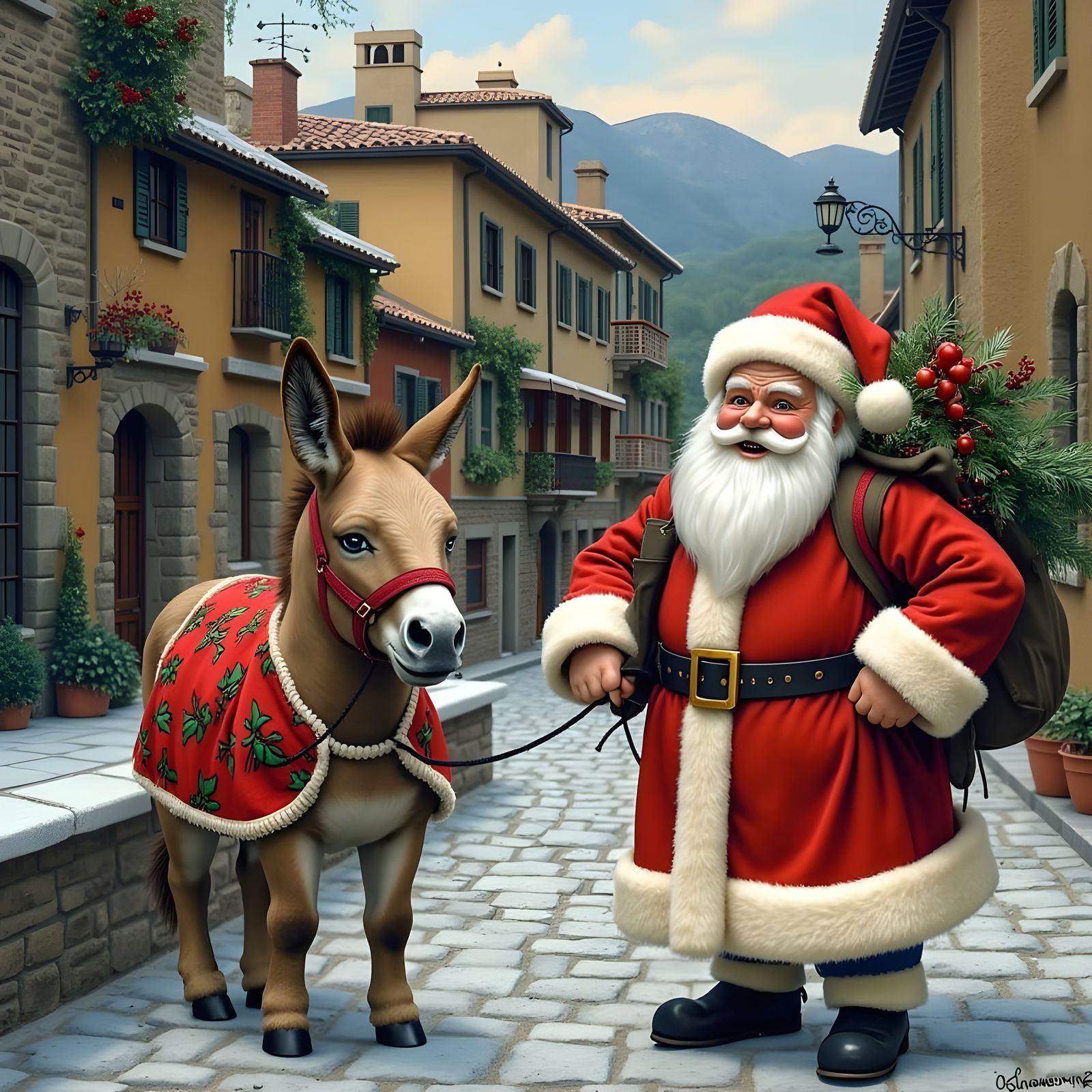 Santa and Dominick the Festive Donkey in Quaint Italian Hill...