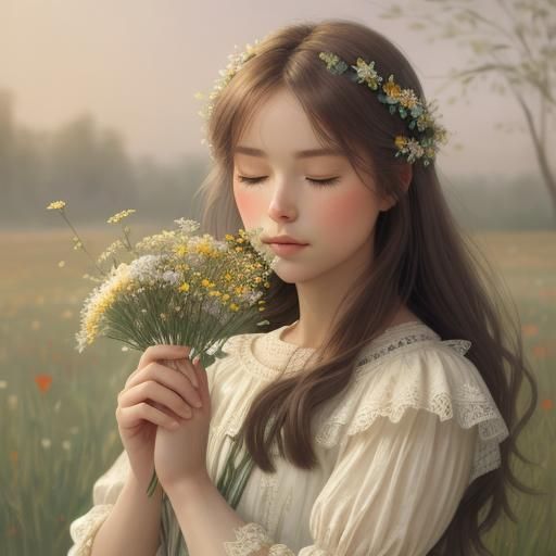 Romantic Realism Portrait of Woman with Flowers