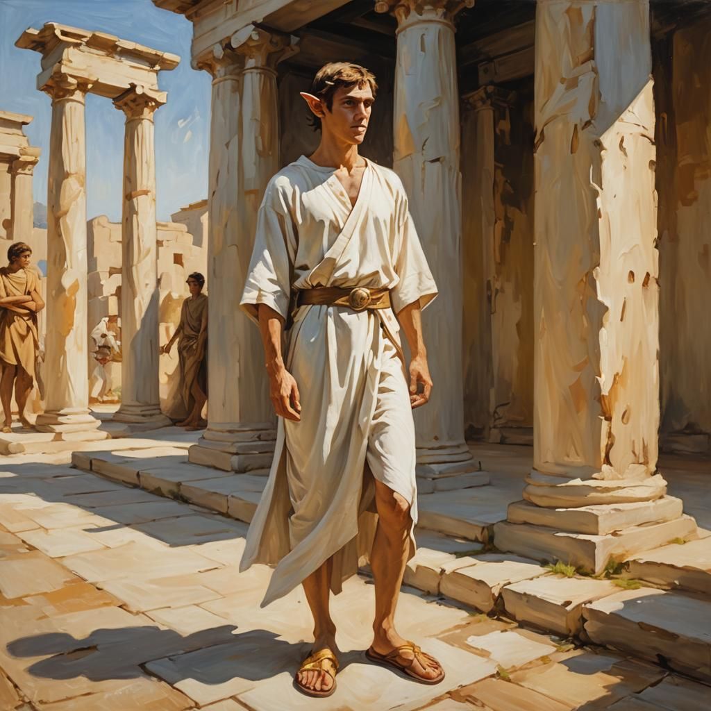 Elf in Tunic Poses in Classical Oil Painting