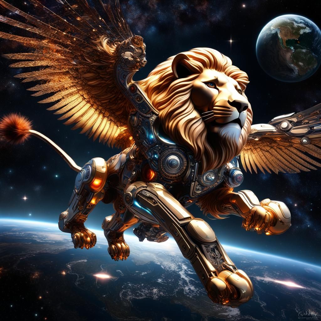 Robotic Lion Soaring Through Dark Space