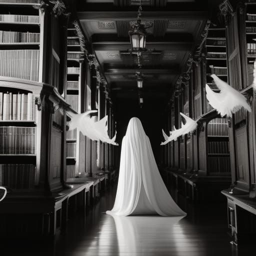 Ethereal Ghosts in Old Library with Fog