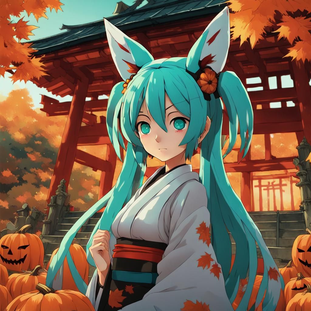 Hatsune Miku with Kitsune Mask at Shrine