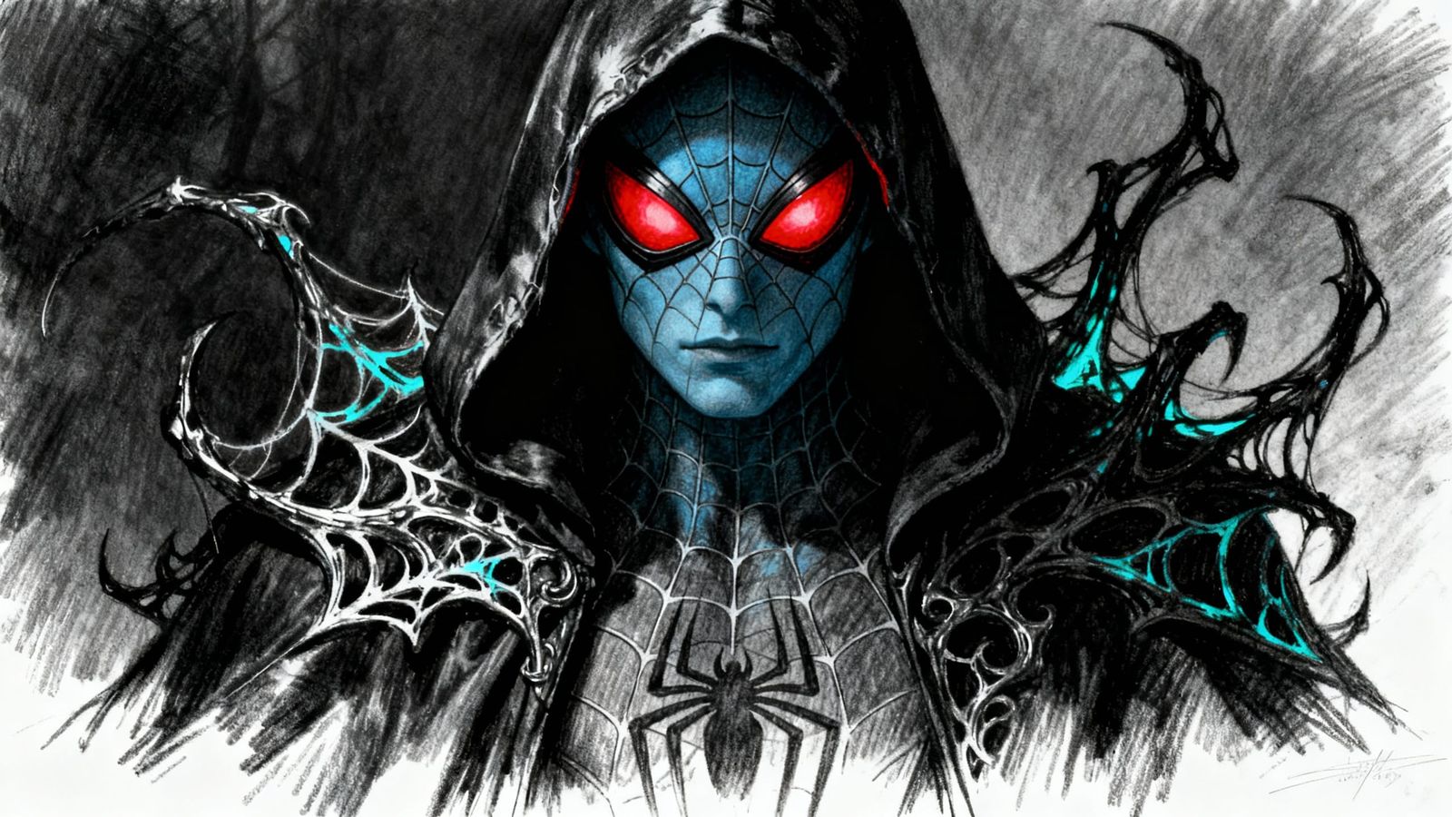 Dark Elf Spider-Man in Hooded Cloak, Pencil Sketch
