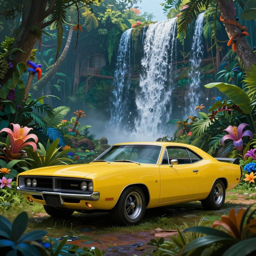 Yellow Dodge Charger in Tropical Paradise