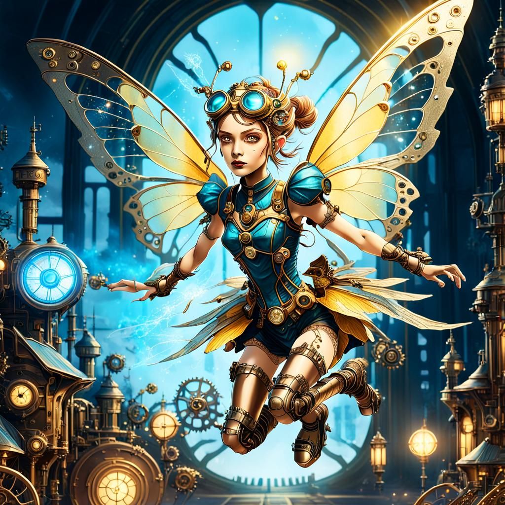 A 3D fantasy illustration featuring a whimsical steampunk fa...