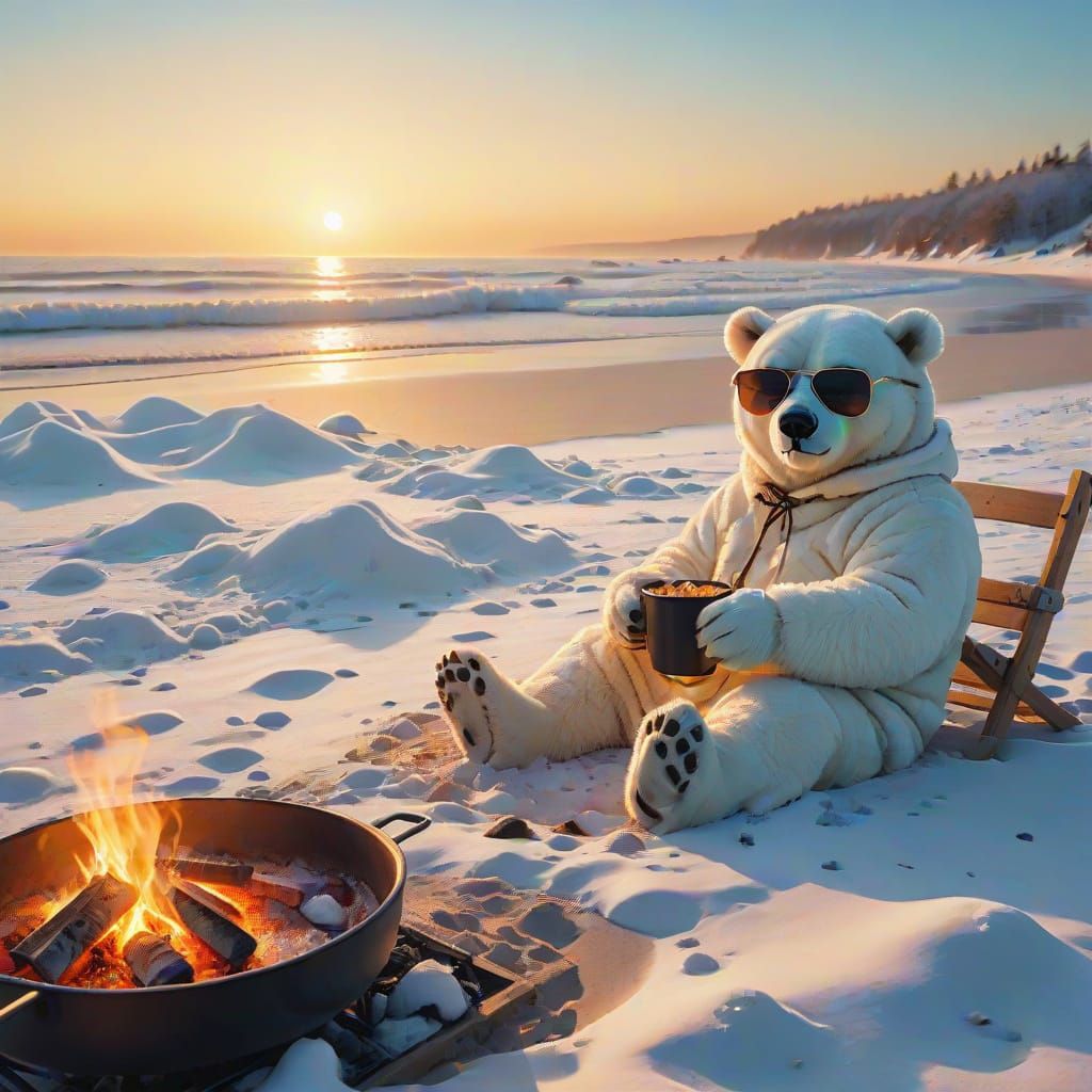 Winter Beach Scene with Polar Bear, Oil Painting