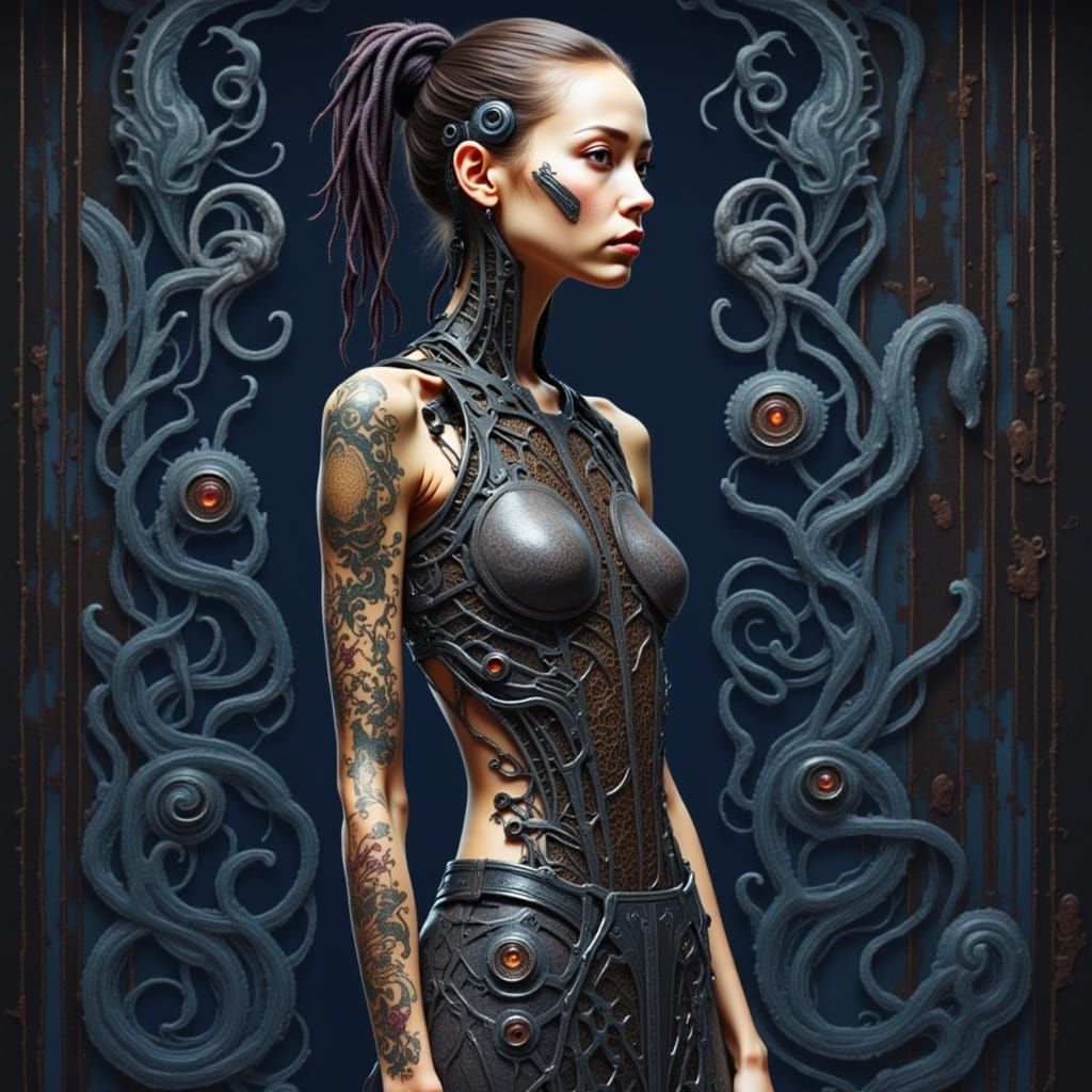 Cyborg Woman with Centipede Tattoos in Giger Style