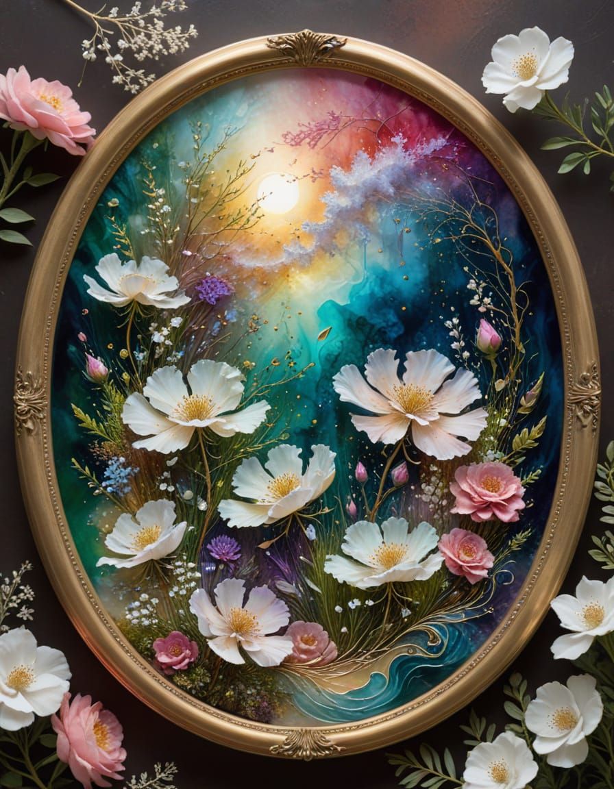 Dreamy Floral Art: Moss Rose and Baby's Breath in Oval Frame
