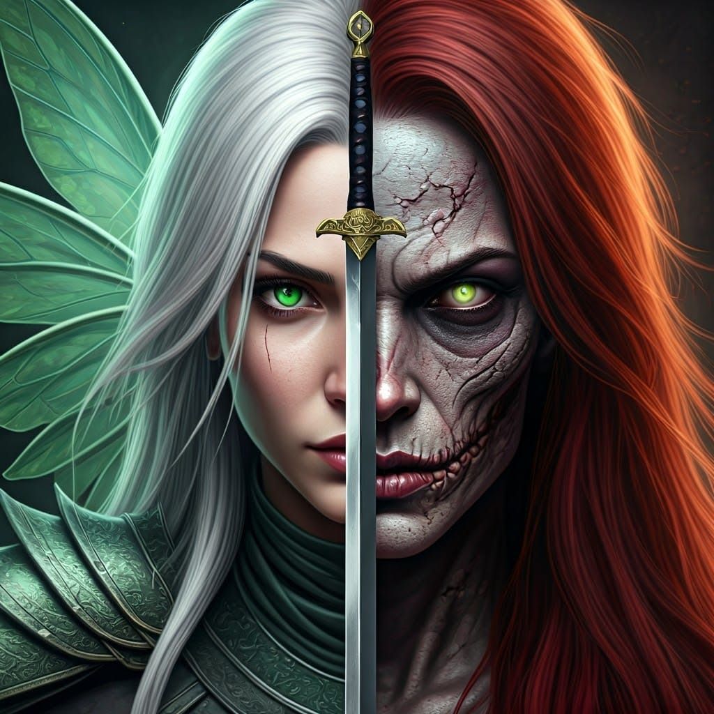 Surreal Split-Image Portrait with Metal Sword and Mythical C...