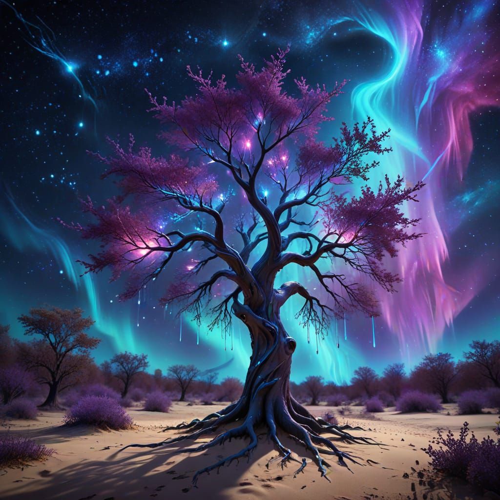 Mystical Tree of Light Under Aurora Borealis