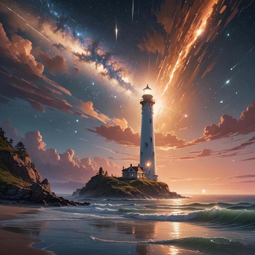 Cosmic Lighthouse Shorescape in a Matte Painting Style