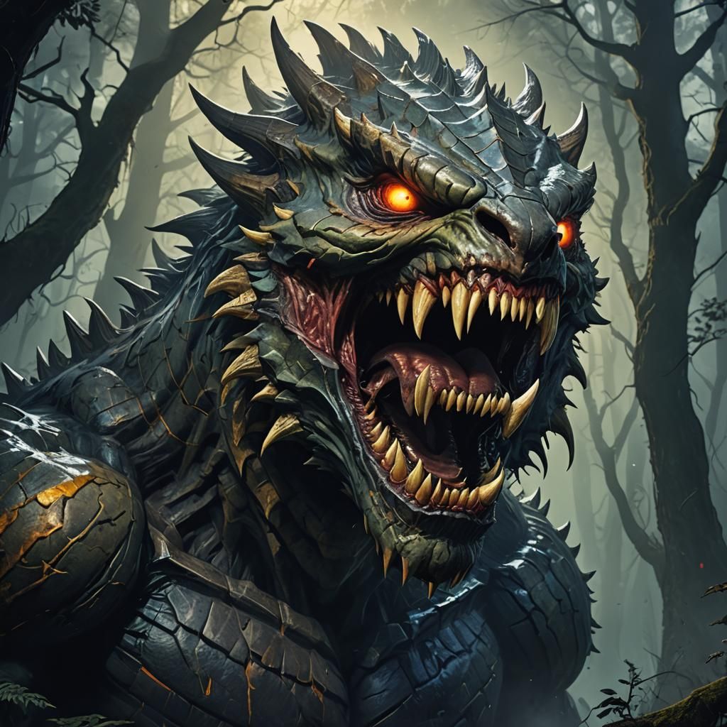 Terrifying Forest Monster Roaring in Dark Fantasy Artwork