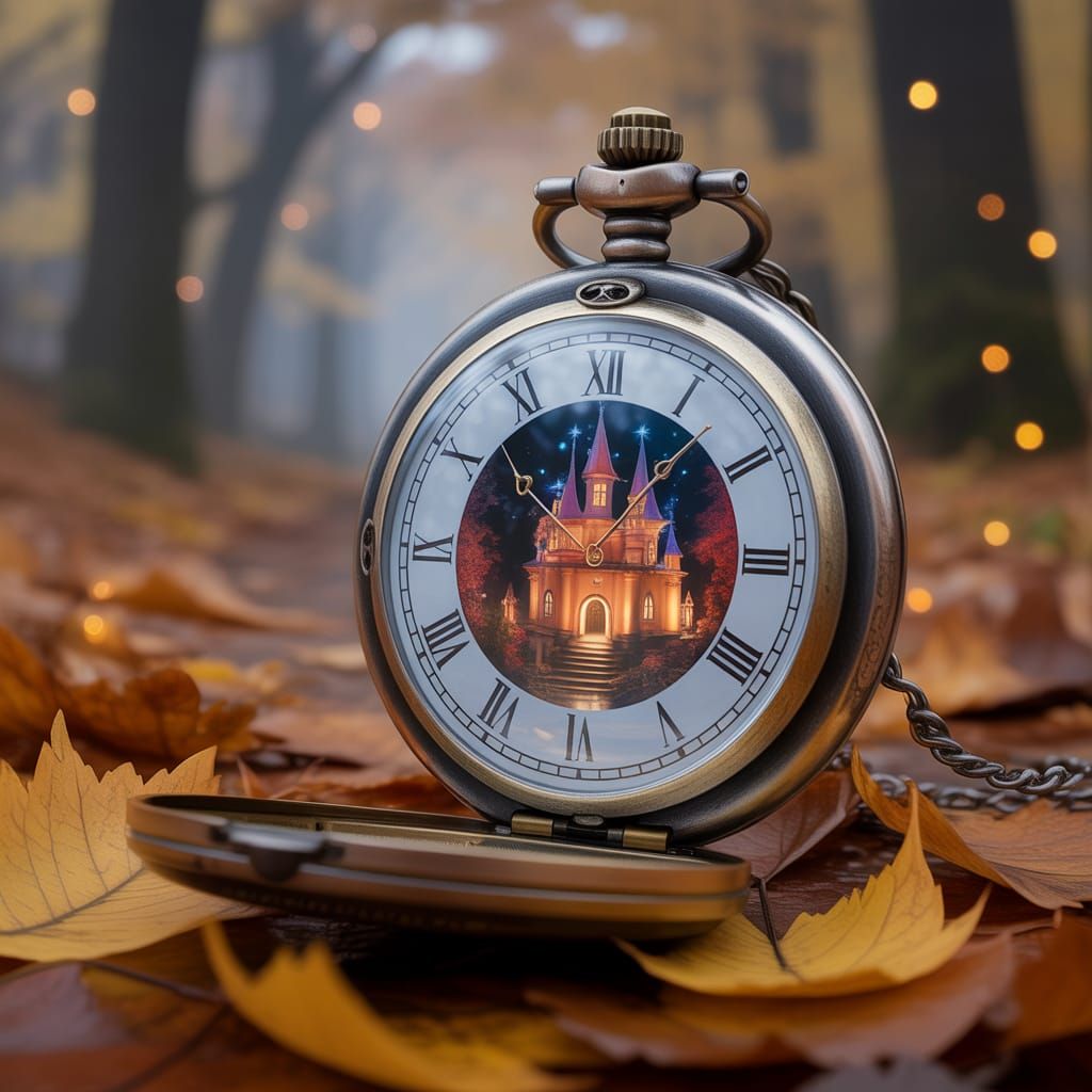 Enchanted Castle Pocket Watch in Autumn Forest