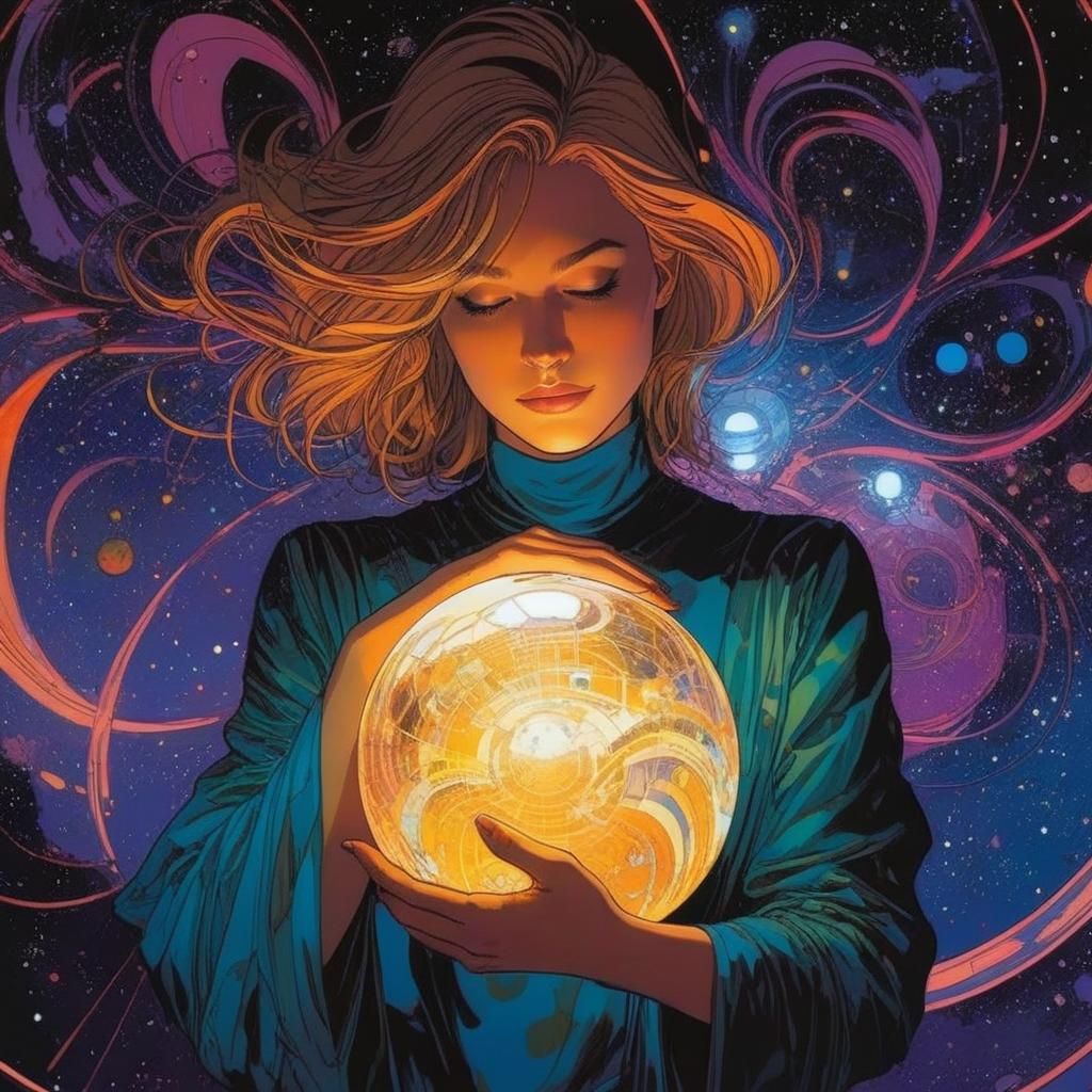 Woman Hugging Galaxy Sphere in Comic Book Style