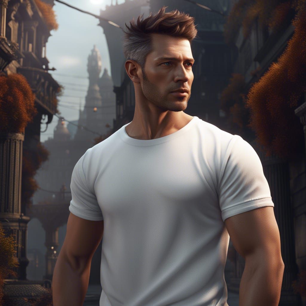 Man in White T-Shirt: Detailed Digital Art