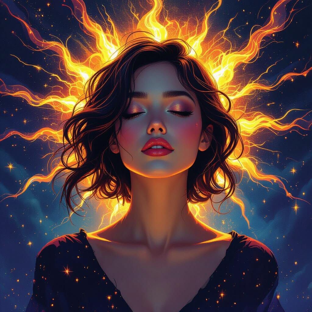 Ethereal Woman's Soul Ablaze in Fiery Colors