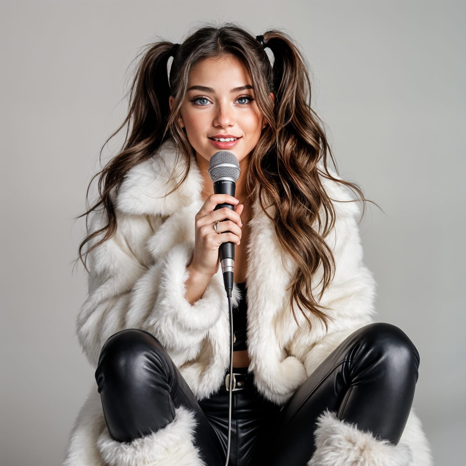 Brunette Singer with Gray Eyes and Fur Outfit