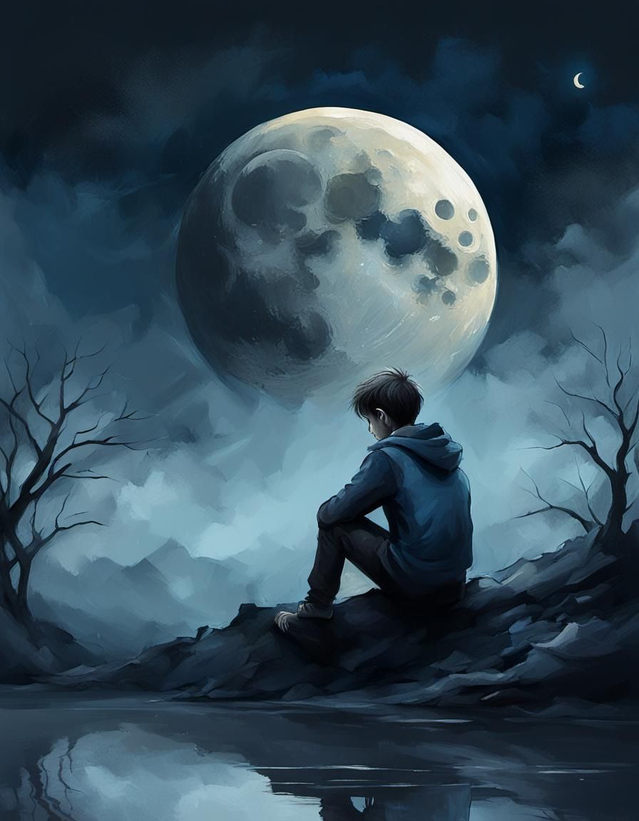 Melancholic Boy Gazing at Moon as Conceptual Art