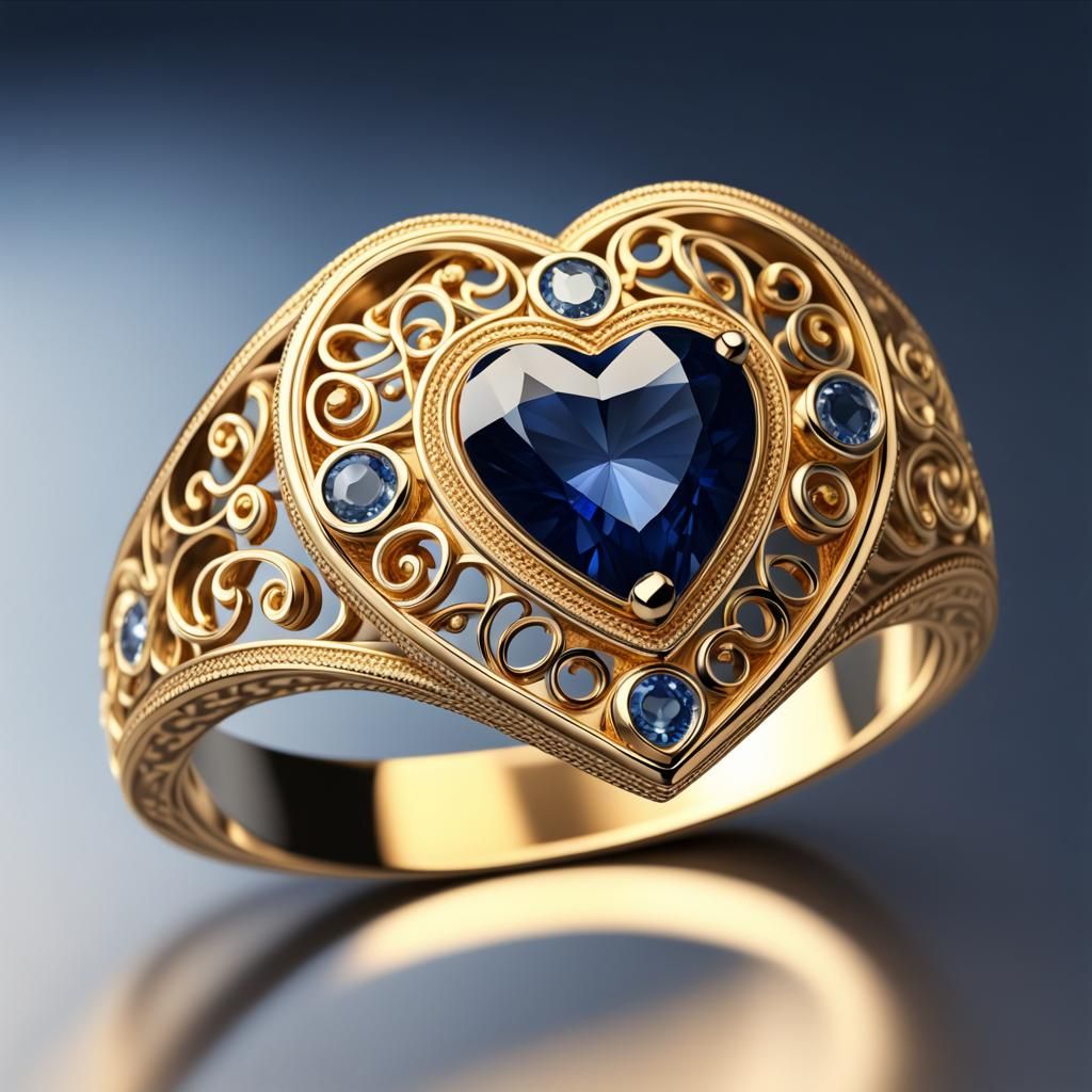 Gold Ring with Silver Heart and Sapphire Inlay