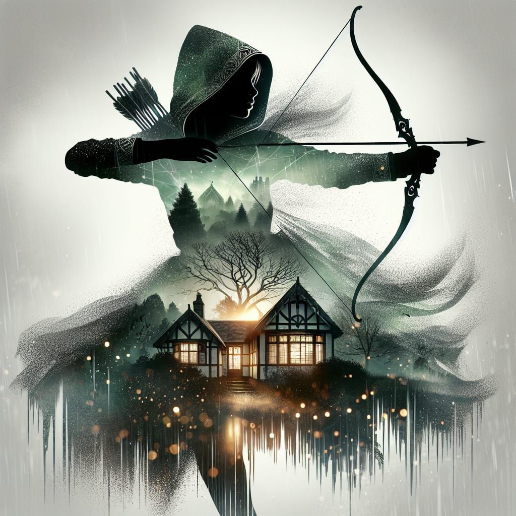 Ethereal Huntress Silhouette Dancing in Rainy Cottage