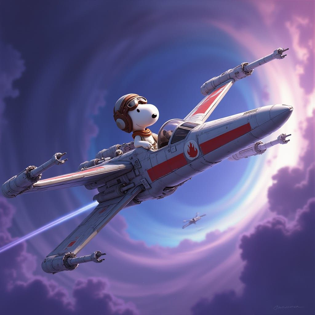 Snoopy Piloting a Futuristic X-Wing Starfighter