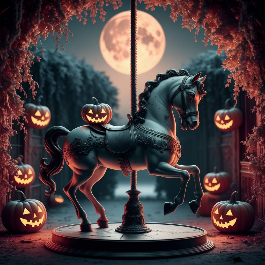 Eerie Halloween Carousel Horse in Moonlight