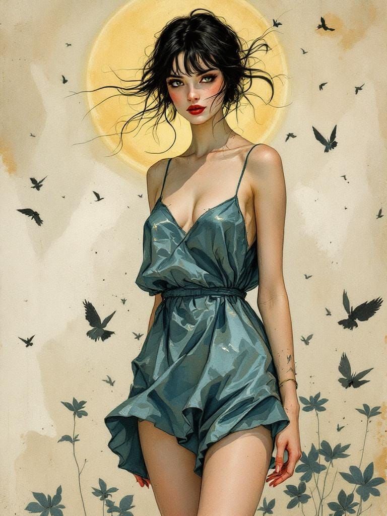 Swedish Woman in Teal Dress, Rackham and Schiele Style