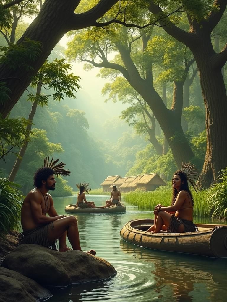 Ancient Warriors by River in Emerald Forest