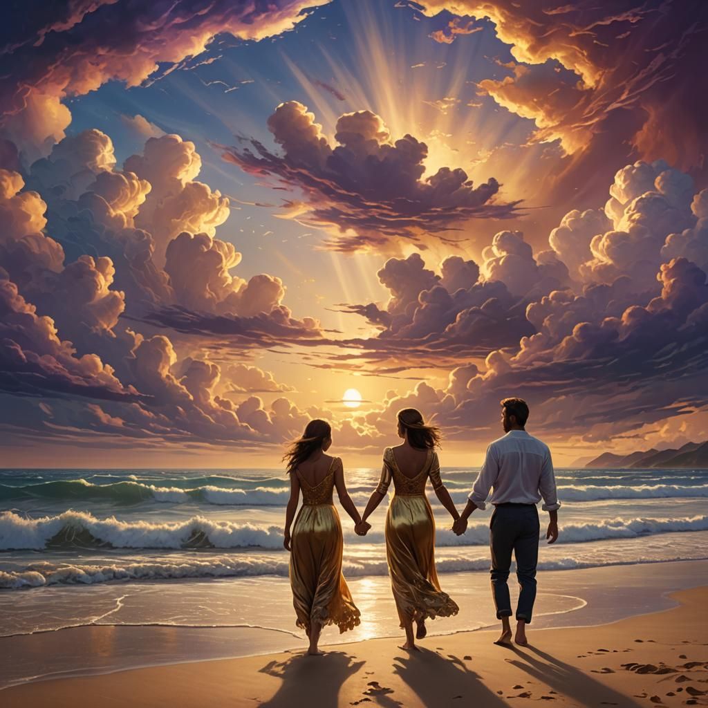 Couple Holding Hands on Beach Under Vibrant Sky