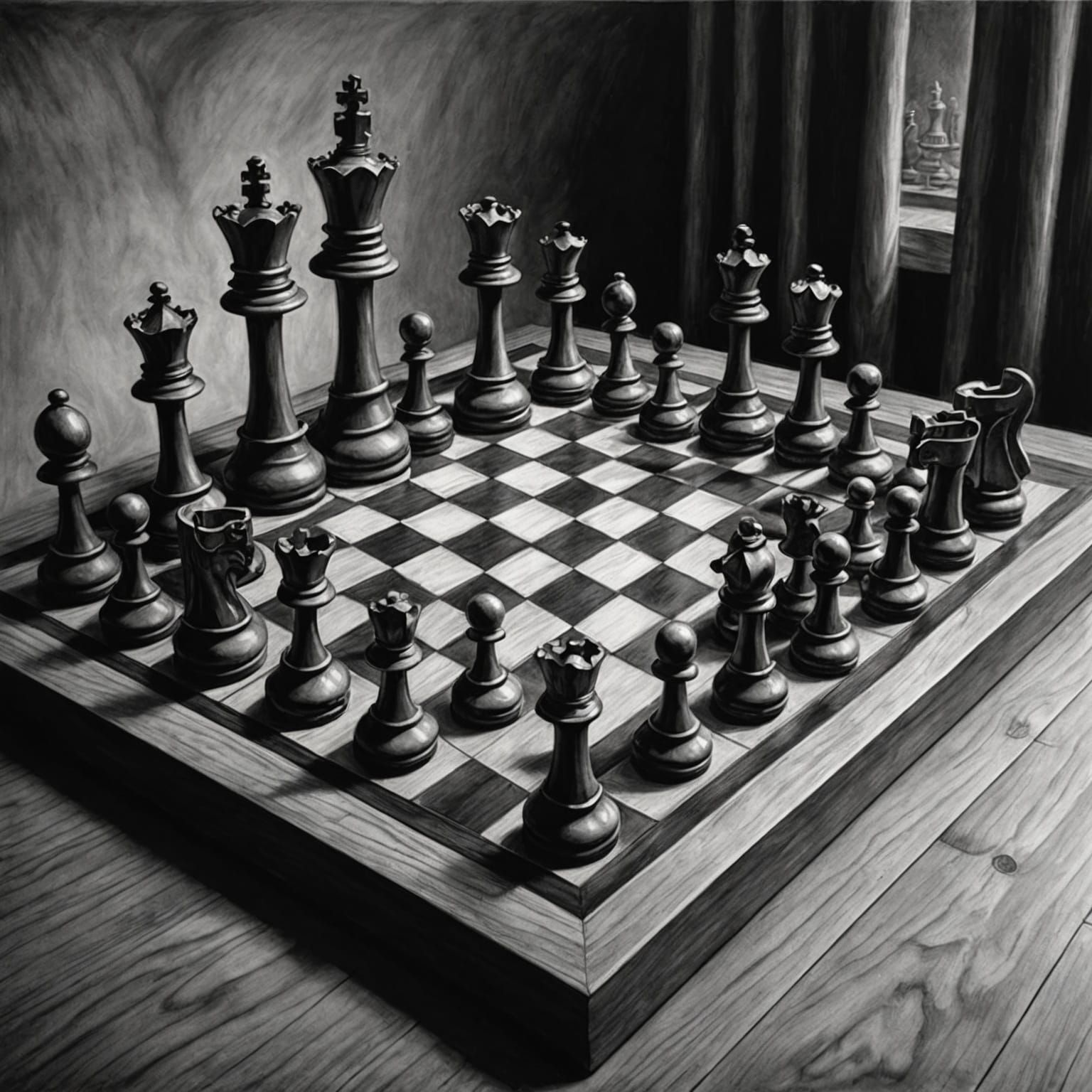 Detailed Charcoal Drawing of a Chessboard