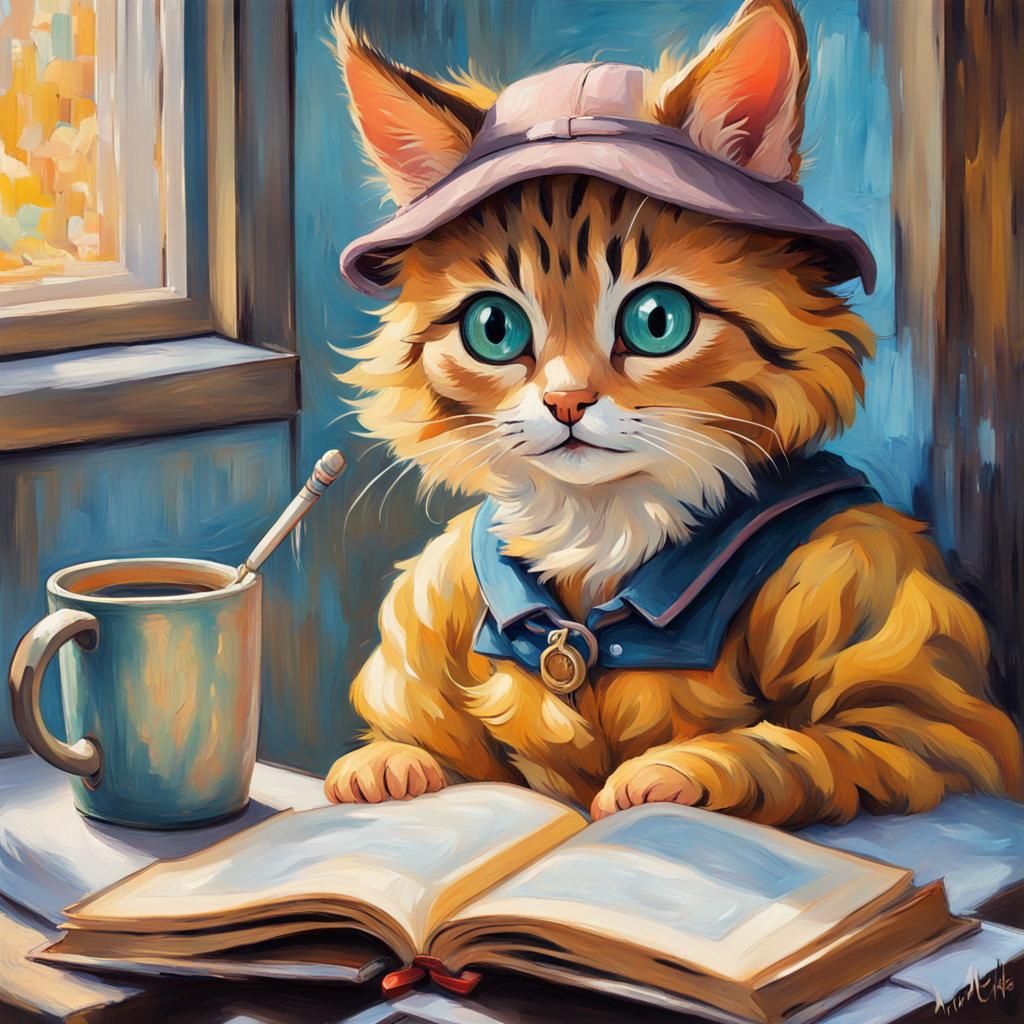 Anime Cat Girl Reading in Van Gogh Style