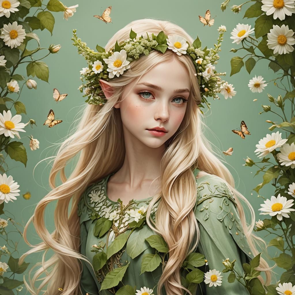 Blonde Elf in Dreamy Floral Scene