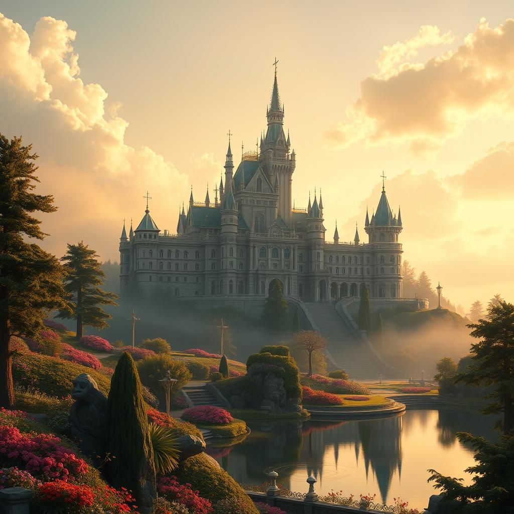 Majestic Palace on Mist-Shrouded Hill in Matte Style