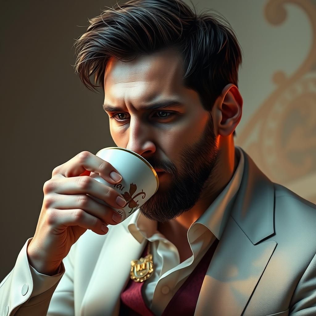 Lionel Messi Sips Coffee: Fantasy Realism Portrait