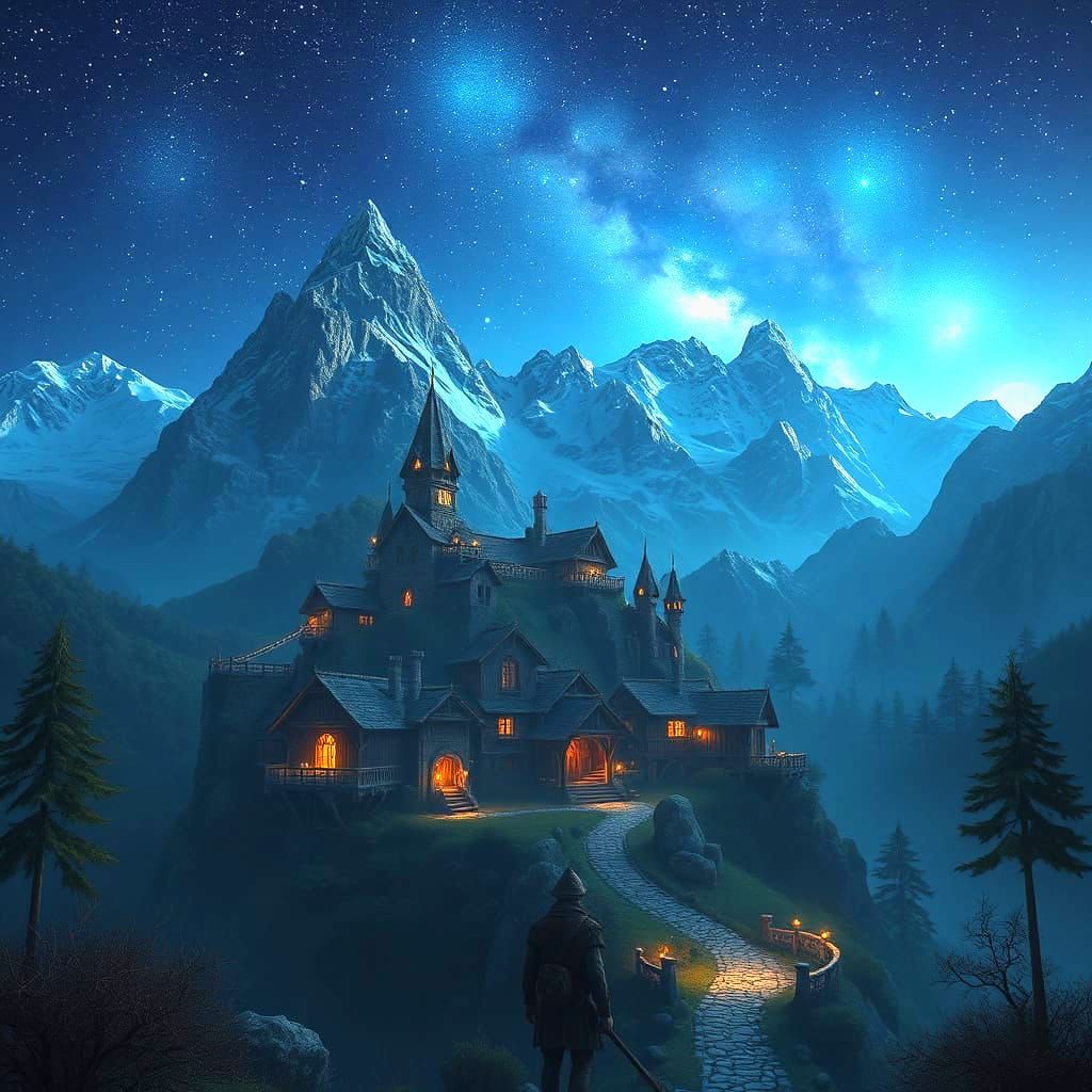Ethereal Elven Village Under Starry Skies in the Mountains