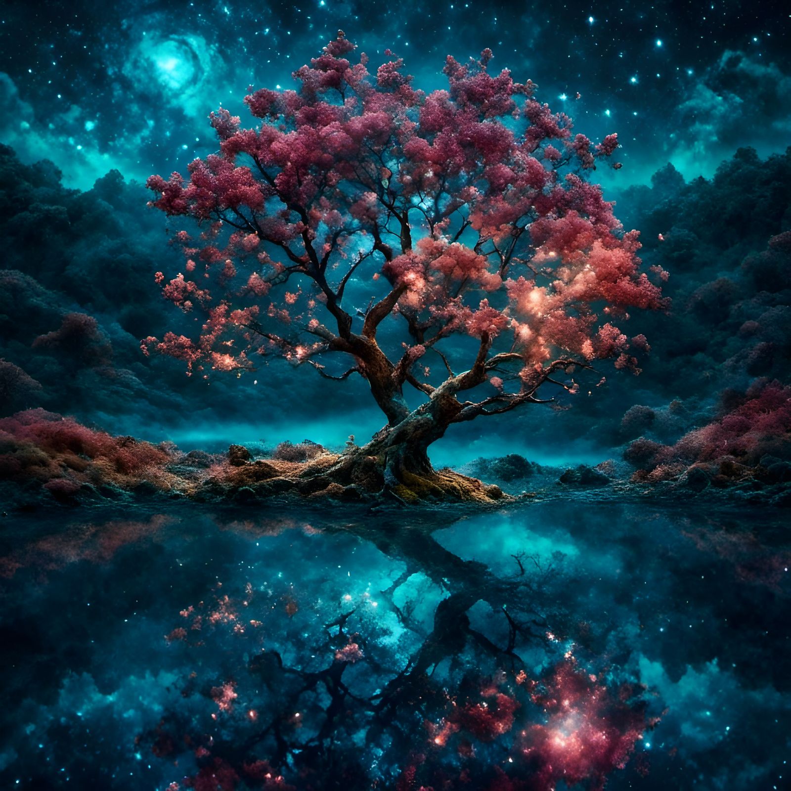 Cosmic Apple Tree Reflecting Star Convergence