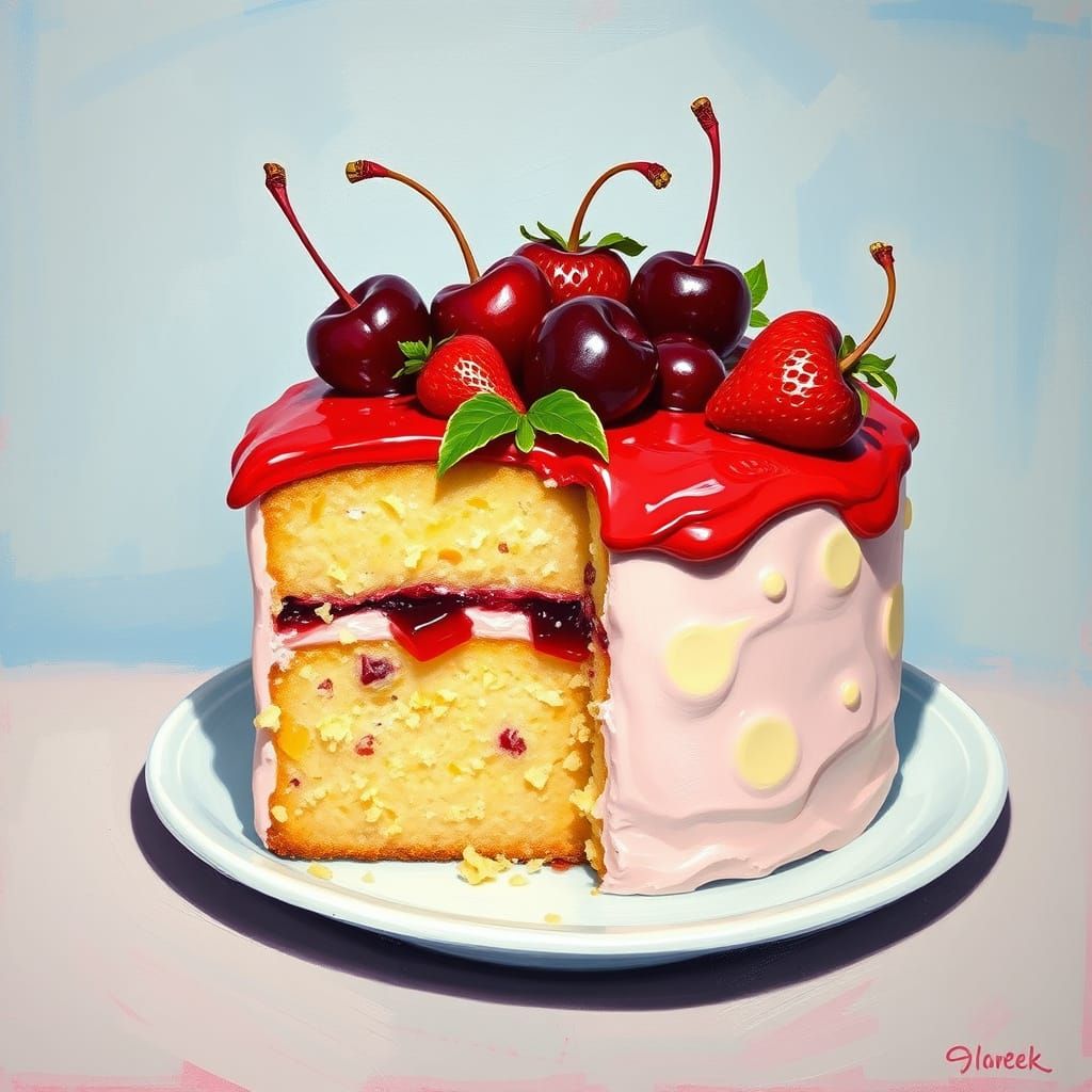 Surreal Cherry Cake with Vibrant Strawberry Frosting