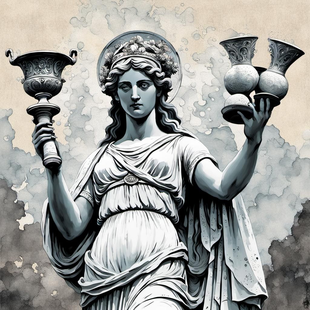 Greek Goddess Fortuna Statue in Ink Splash Art