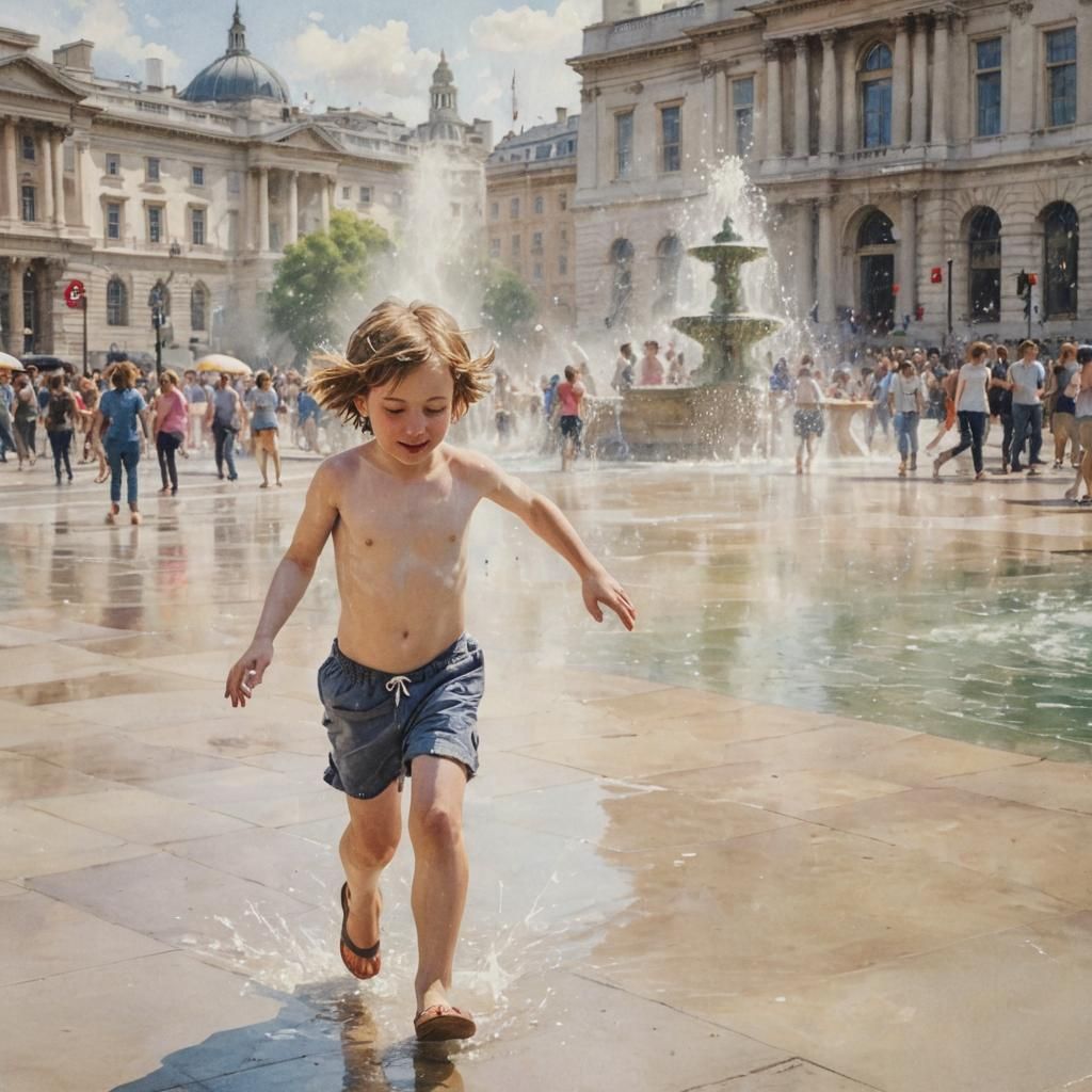 Trafalgar Square Fountains in Impressionist Watercolor