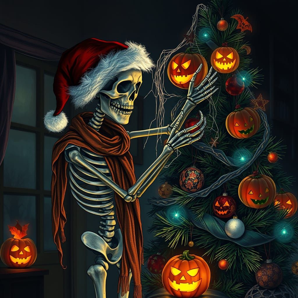 Skeleton Decorates Christmas Tree with Halloween Haunts