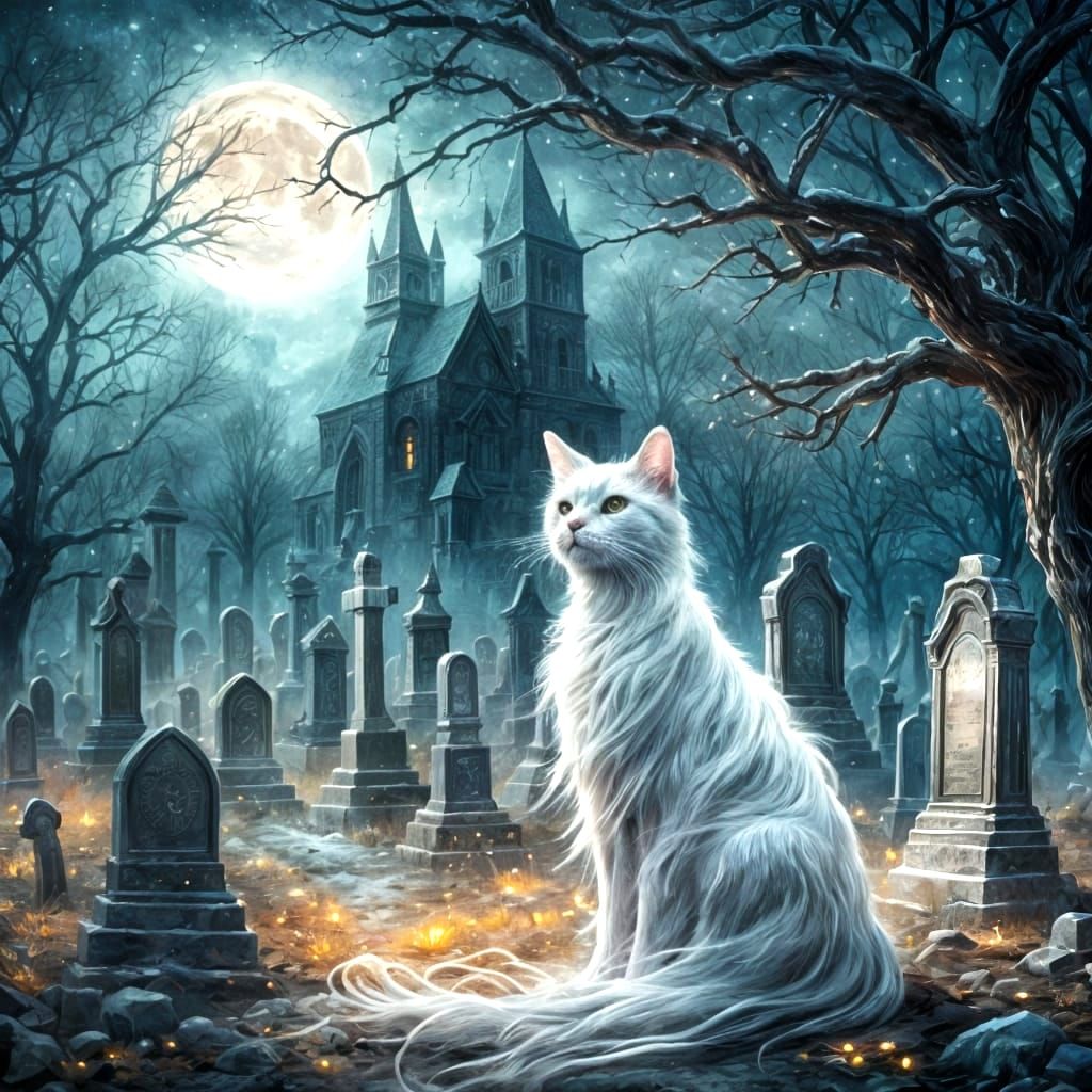 Ethereal Ghost Cat Prowling in Moonlight