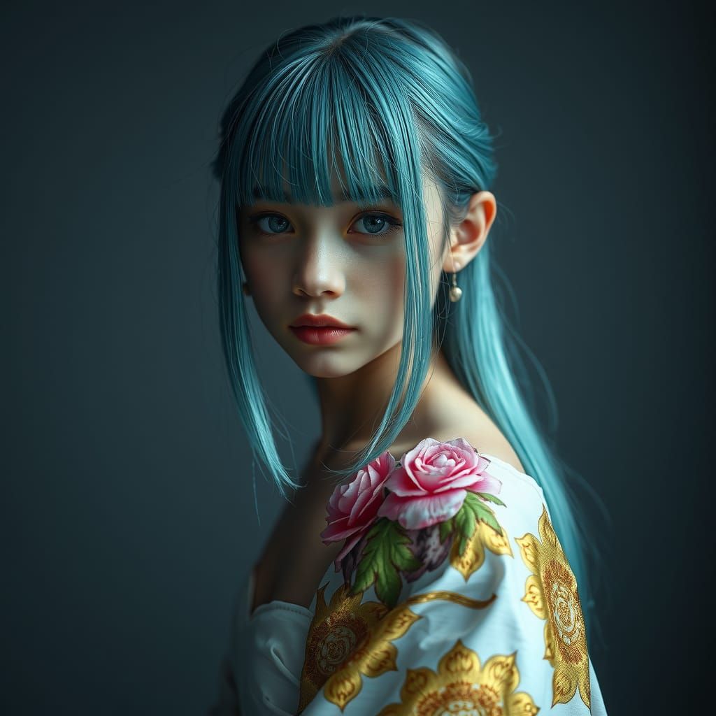 A beautiful teenage girl with bluish green straight hair. A ...