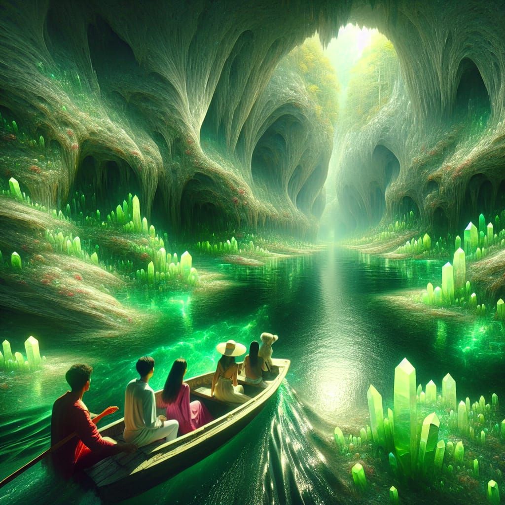 Green Crystal Cave with River and Boat