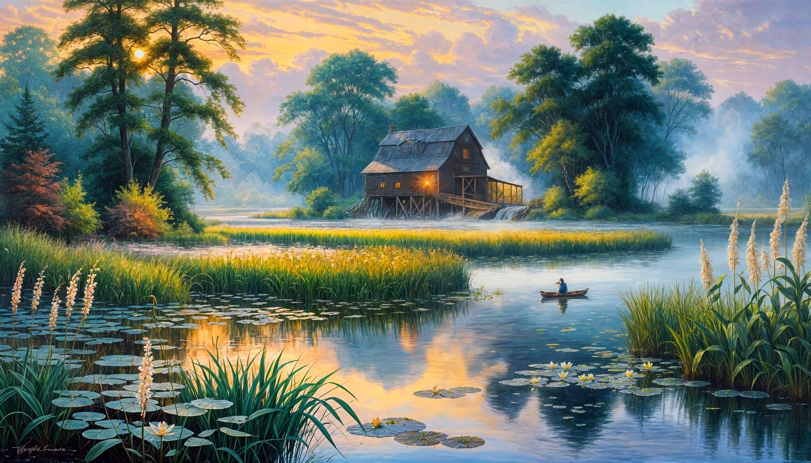 Picturesque Pennsylvania Pond at Sunset in Romanticism Style