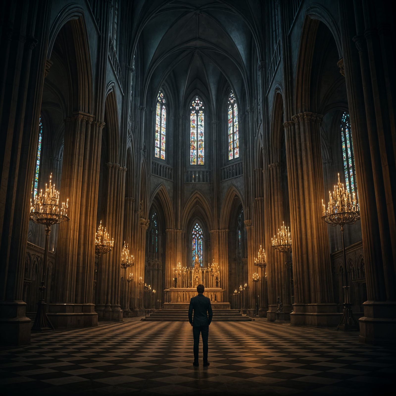 Intricate Gothic Church Interior with Candlelight, First-Per...