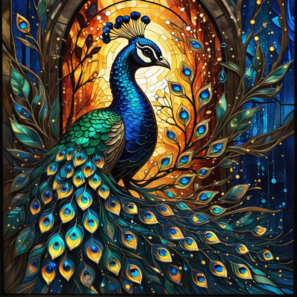 Peacock on Floral Branch with Fireflies in Stained Glass Eff...